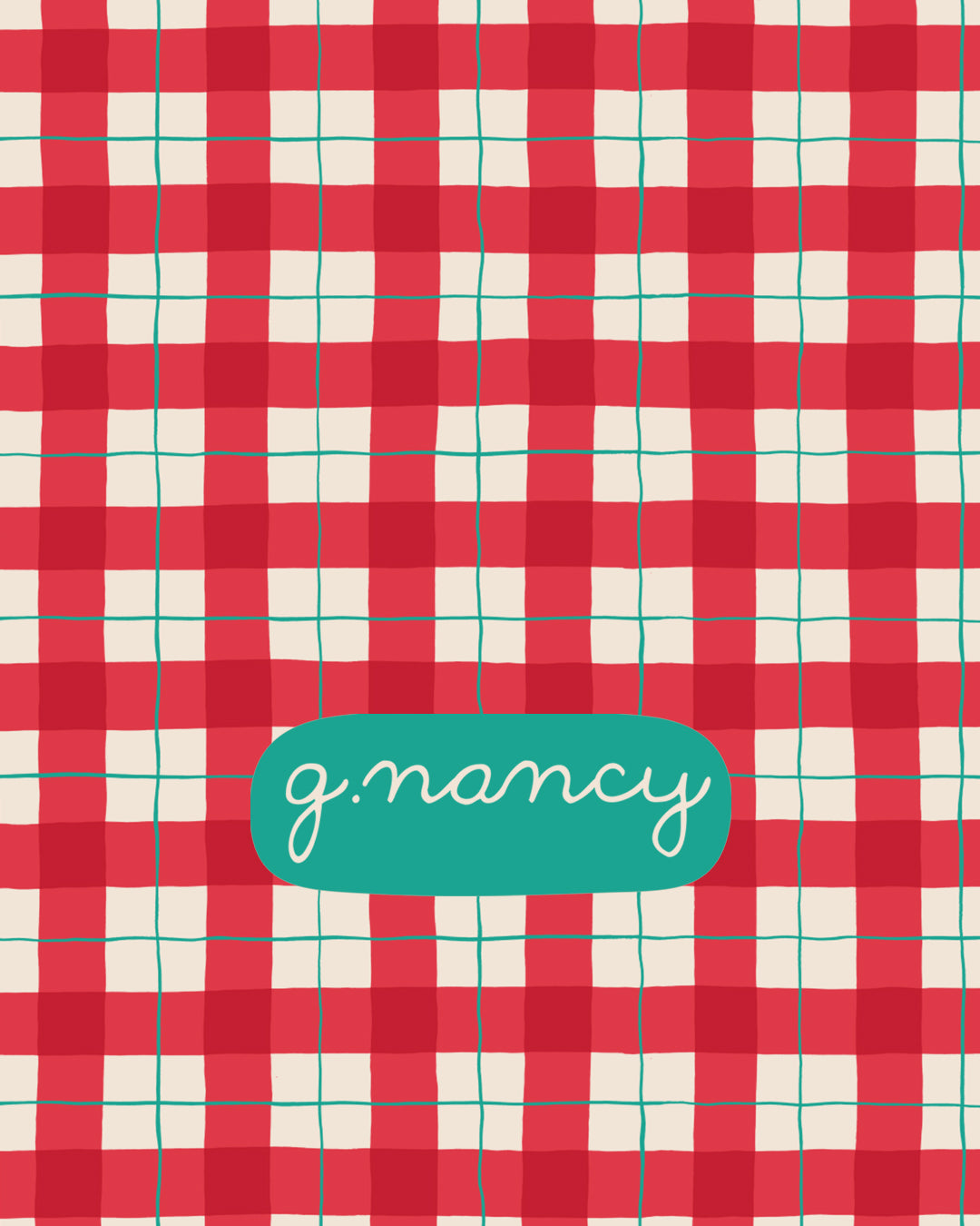 red, white, and green tartan hand painted pattern with a cream background